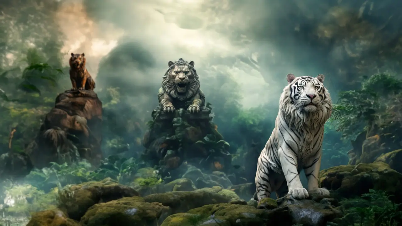 A majestic white tiger stands in the foreground with two other tigers in the background, perched on rocks amidst a misty, ancient jungle setting. Symbolizes different stages or ages, aligning with the blog title 'What Age is Your Accounting Firm in?'