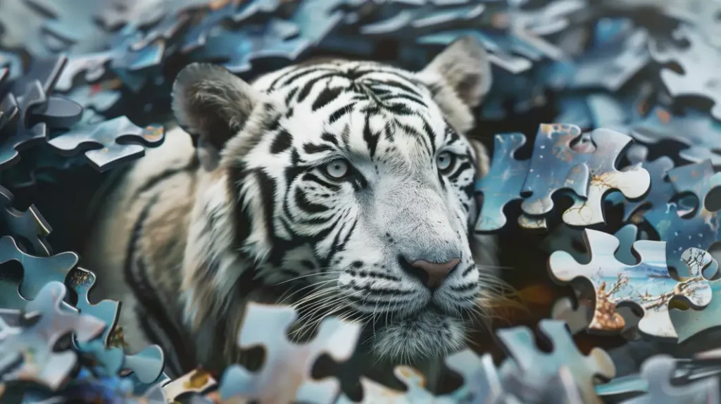 White Tiger Rounded by puzzle pieces