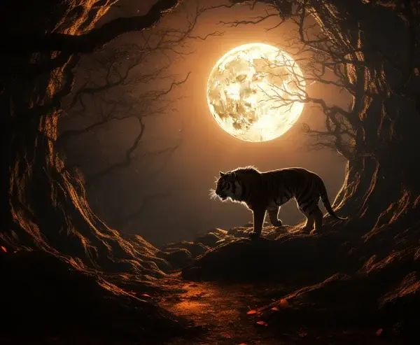 A tiger moon shadow on a halloween environment