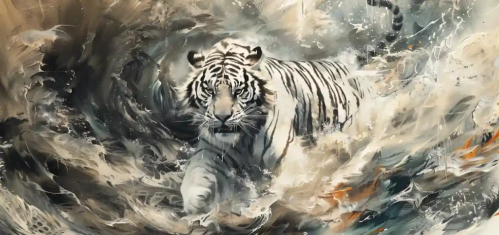 White tiger oil painting japanese style in tones of grey and black