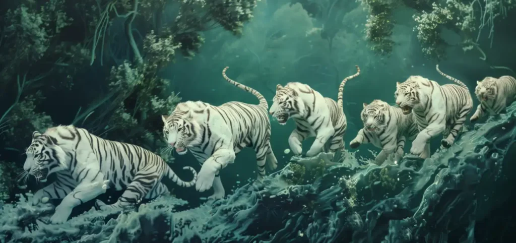 Tigers running through water, symbolizing strength, teamwork, and momentum, much like the approach to improving employee retention for CPA firms.