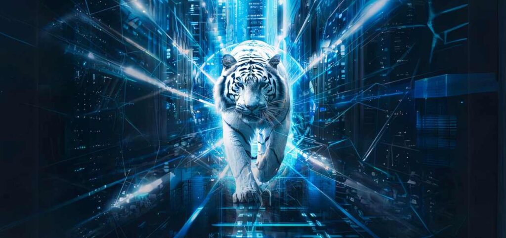 White tiger in a futuristic digital environment, representing the Affiliates Program for Accounting Firms and its innovative approach to lead generation and visibility.