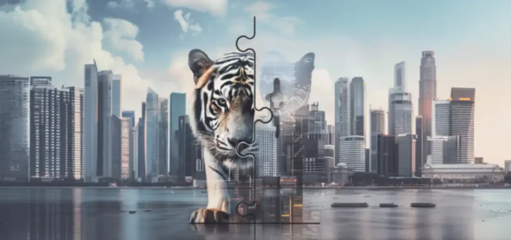 Tiger symbolizing strength in a city landscape, representing the idea of becoming a tuck-in for CPA firms.