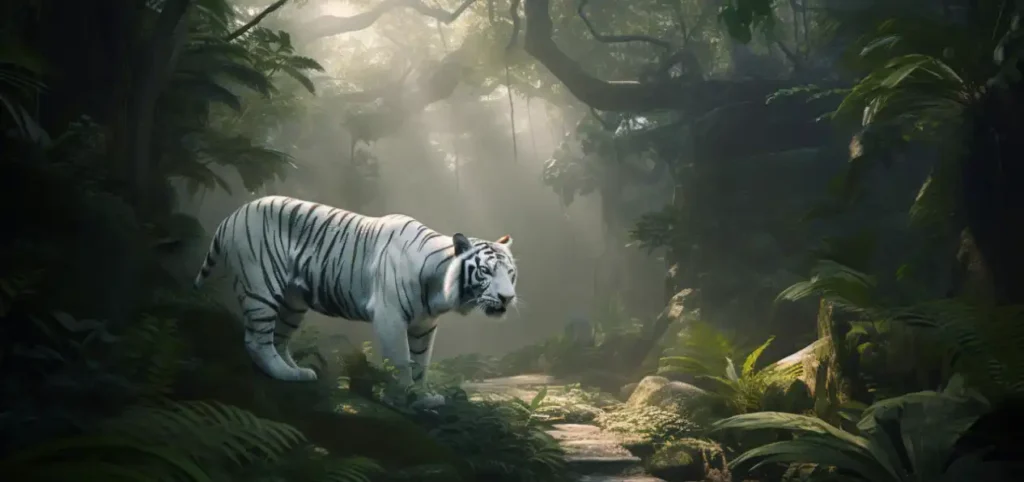 White tiger navigating through a dense jungle, symbolizing the journey of growth and success for accounting firms.