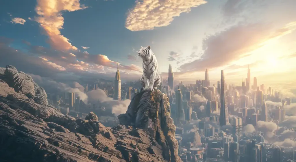 A majestic white tiger stands on a rocky peak overlooking a modern city skyline at sunrise, symbolizing strength and leadership in a competitive landscape.