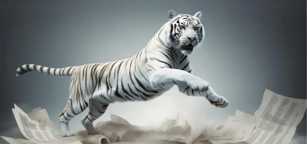 White tiger leaping over financial documents, representing Private Equity investments in smaller accounting firms.