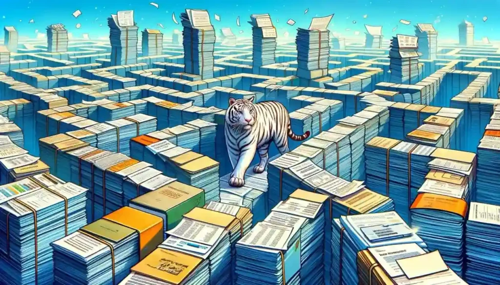 Two Key Accounting Candidate Type - White tiger navigating through a maze of documents and files.