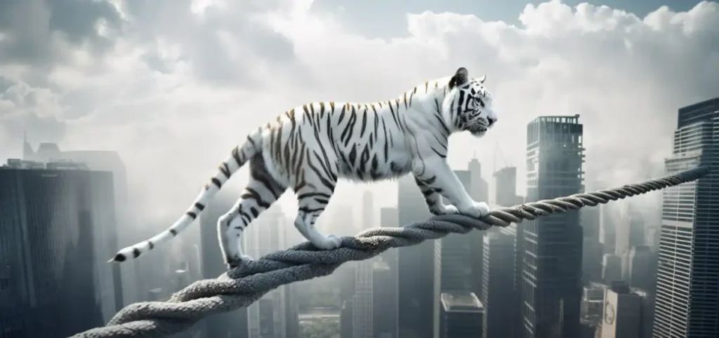 White tiger walking on a tightrope, symbolizing the balance between ethical client service and business health in accounting firms.