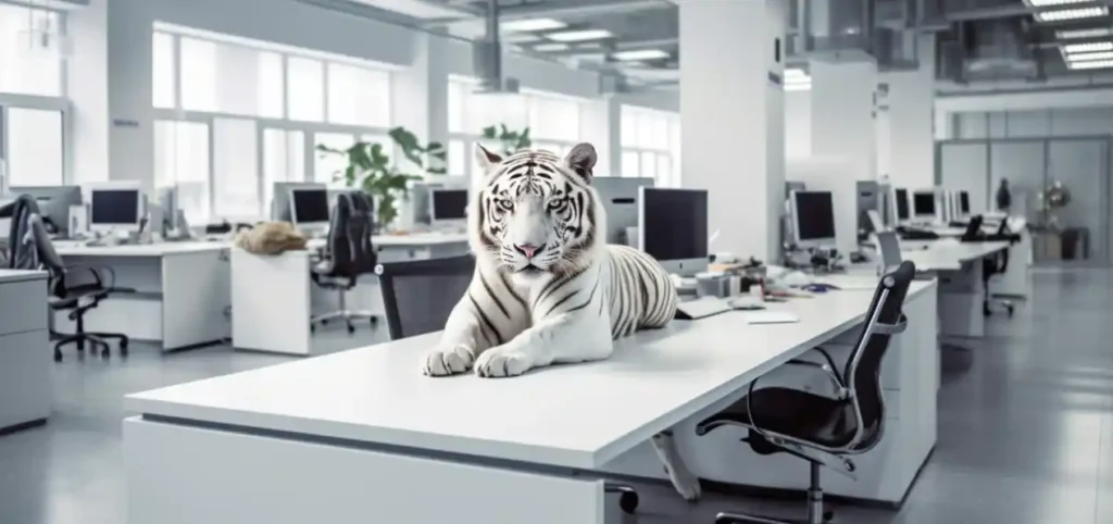 A white tiger sits confidently on a desk in a modern office, symbolizing non-accounting firm acquisitions in a professional setting.