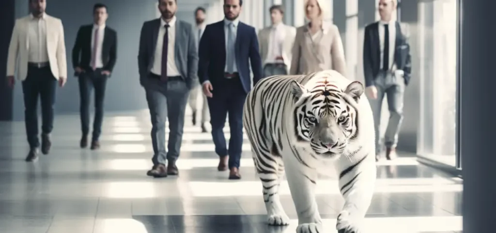 White tiger leading a group of business professionals, representing the challenges and solutions for retaining staff in accounting.