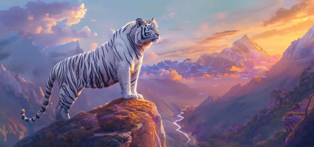 Public Accounting market opportunity visualized with a white tiger standing proudly on a mountain, symbolizing strength and growth in the sector.