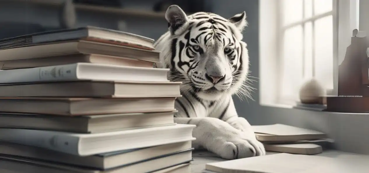 A white tiger next to a stack of books, symbolizing expertise and knowledge in Mergers and Acquisitions Deal Structures.