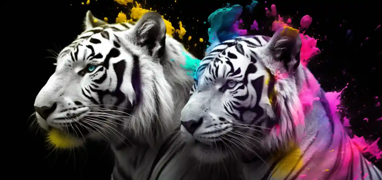 Two white tigers with splashes of bright colors, symbolizing the energy and synergy in strategic partnerships for financial services and accounting firms.