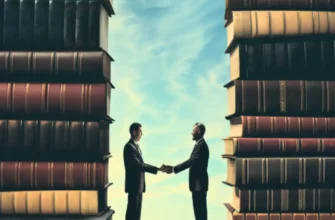 Two businessmen shake hands between towering stacks of books, symbolizing the importance of knowledge and access in successful mergers and acquisitions.