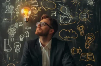 A man in a suit looks thoughtfully at a glowing lightbulb, surrounded by doodles of various ideas and symbols on a chalkboard. The image represents creative thinking and innovation, aligning with the concept of shifting from an accountant's mindset to thinking like a business owner.