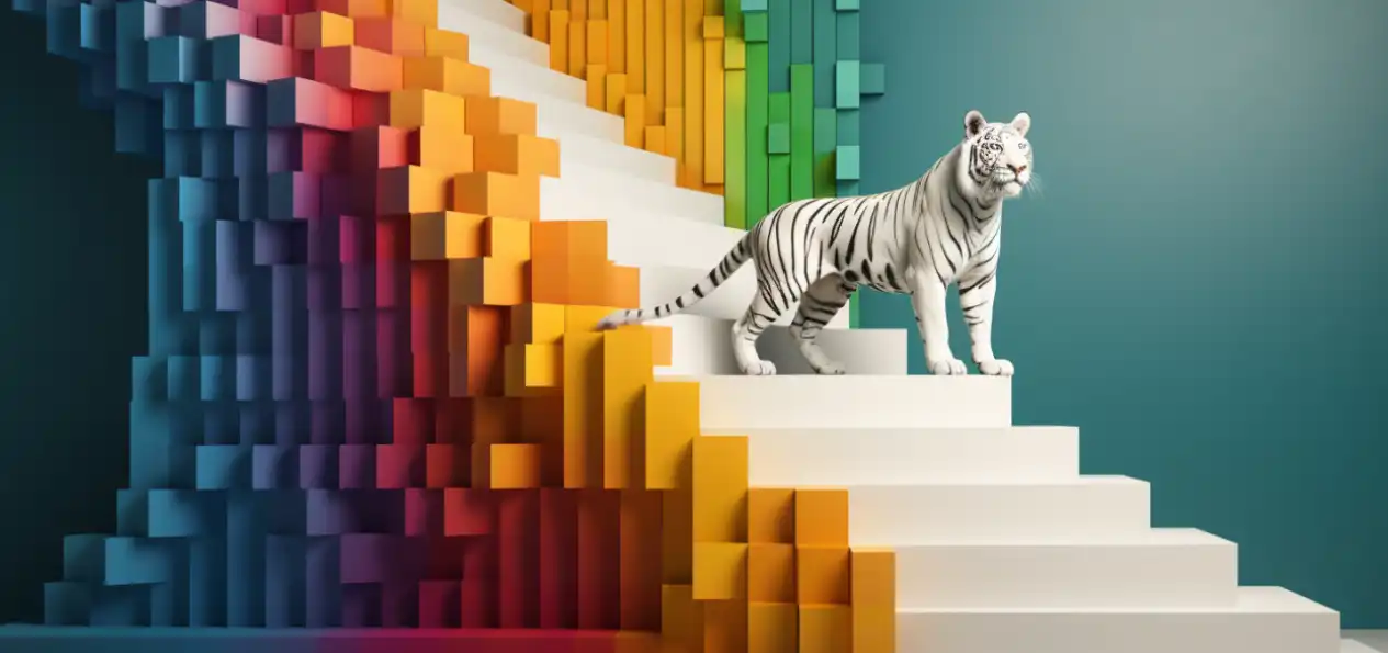 White tiger standing confidently on colorful block steps, representing strategies for increasing your accounting firm's saleability.